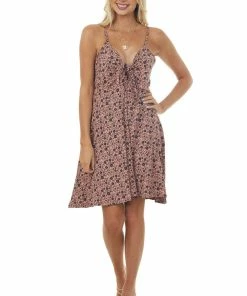 Haptics Dresses Dusty Rose Ditsy Floral Sleeveless Tie Front Dress