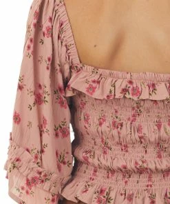 ANGIE Dusty Rose Floral Print 3/4 Sleeve Smocked Bodice Crop Top