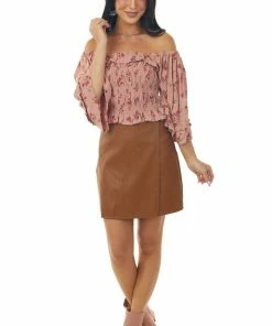 ANGIE Dusty Rose Floral Print 3/4 Sleeve Smocked Bodice Crop Top