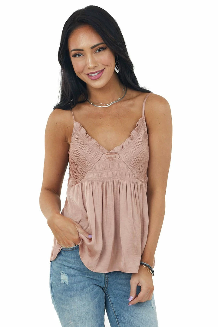 Grade & Gather Tops Dusty Rose Gathered Babydoll Satin Tank Top 3 Grade & Gather Tops Dusty Rose Gathered Babydoll Satin Tank Top