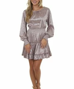 She + Sky Dusty Rose Leopard Print Satin Smocked Short Dress Dresses