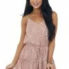 She + Sky Dresses Dusty Rose Leopard Print V Neck Tiered Romper