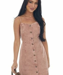 She + Sky Dresses Dusty Rose Mineral Wash Button Up Denim Dress