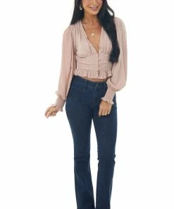 HYFVE Dusty Rose Puff Sleeve Plunging Neck Blouse