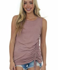 Vanilla Bay Dusty Rose Ruched Side Stretchy Knit Tank Top Tops