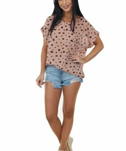 Umgee Dusty Rose Sheer Dalmatian Print Short Sleeve Top Tops