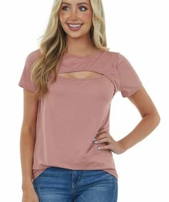 Trend Notes Dusty Rose Short Sleeve Soft Knit Top With Chest Cut Out