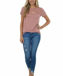 Trend Notes Dusty Rose Short Sleeve Soft Knit Top With Chest Cut Out