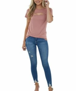 Trend Notes Dusty Rose Short Sleeve Soft Knit Top With Chest Cut Out