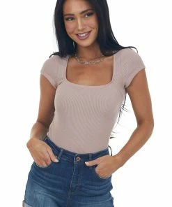 Charlotte Avery Tops Dusty Rose Square Neck Cap Sleeve Ribbed Top