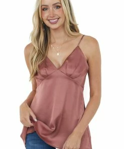 Doe & Rae Dusty Rose V Neck Babydoll Satin Tank Top Tops