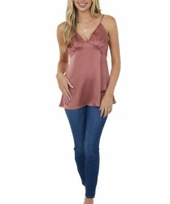 Doe & Rae Dusty Rose V Neck Babydoll Satin Tank Top Tops