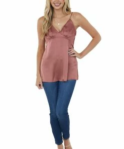 Doe & Rae Dusty Rose V Neck Babydoll Satin Tank Top Tops 10 Doe & Rae Dusty Rose V Neck Babydoll Satin Tank Top Tops