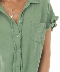 Umgee Dusty Sage Button Down Gauze Shirt Dress