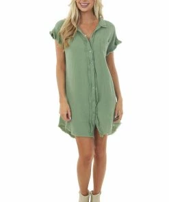 Umgee Dusty Sage Button Down Gauze Shirt Dress