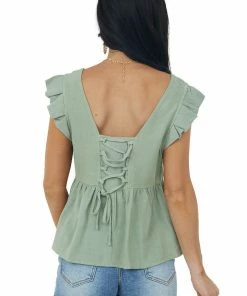 Very J Dusty Sage V Neck Strappy Back Detail Woven Top
