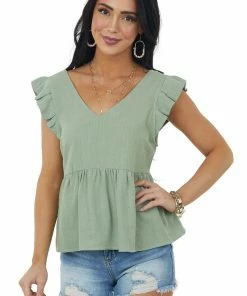 Very J Dusty Sage V Neck Strappy Back Detail Woven Top