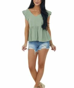Very J Dusty Sage V Neck Strappy Back Detail Woven Top