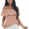 Umgee Dusty Salmon Embroidered Off Shoulder Blouse Tops