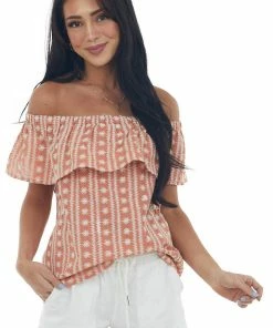 Umgee Dusty Salmon Embroidered Off Shoulder Blouse Tops