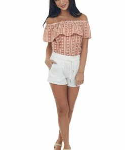 Umgee Dusty Salmon Embroidered Off Shoulder Blouse Tops