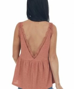 Umgee Dusty Salmon V Neck Tank Top With Crochet Lace Trim 12 Umgee Dusty Salmon V Neck Tank Top With Crochet Lace Trim