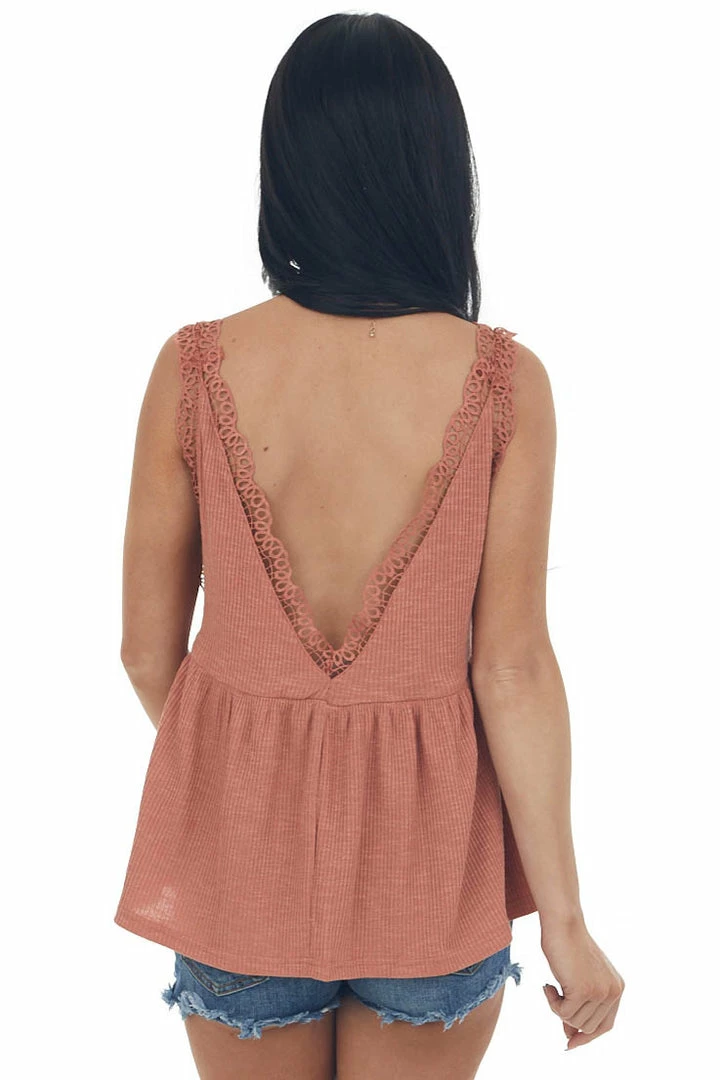 Umgee Dusty Salmon V Neck Tank Top With Crochet Lace Trim 7 Umgee Dusty Salmon V Neck Tank Top With Crochet Lace Trim