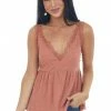 Umgee Dusty Salmon V Neck Tank Top With Crochet Lace Trim