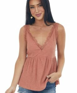 Umgee Dusty Salmon V Neck Tank Top With Crochet Lace Trim