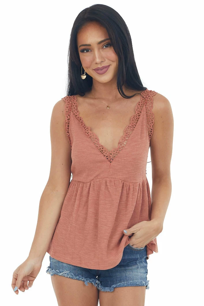 Umgee Dusty Salmon V Neck Tank Top With Crochet Lace Trim 3 Umgee Dusty Salmon V Neck Tank Top With Crochet Lace Trim