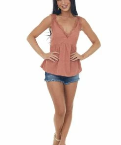 Umgee Dusty Salmon V Neck Tank Top With Crochet Lace Trim 9 Umgee Dusty Salmon V Neck Tank Top With Crochet Lace Trim