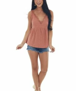 Umgee Dusty Salmon V Neck Tank Top With Crochet Lace Trim 10 Umgee Dusty Salmon V Neck Tank Top With Crochet Lace Trim