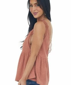 Umgee Dusty Salmon V Neck Tank Top With Crochet Lace Trim 11 Umgee Dusty Salmon V Neck Tank Top With Crochet Lace Trim