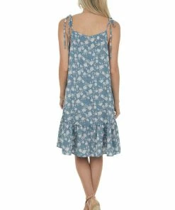 Ces Femme Dusty Slate Floral Print Sleeveless Short Ruffled Dress