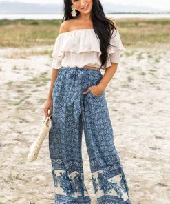 ANGIE Dusty Blue Floral Print Waist Tie Wide Leg Pants Bottoms