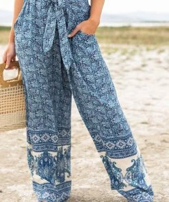 ANGIE Dusty Blue Floral Print Waist Tie Wide Leg Pants Bottoms