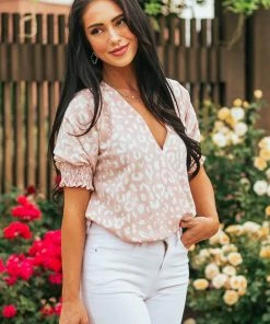 Vine & Love Tops Dusty Blush Leopard Print Puff Sleeve Blouse