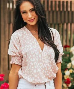Vine & Love Tops Dusty Blush Leopard Print Puff Sleeve Blouse