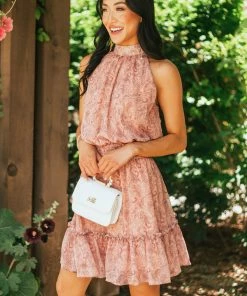 Sweet Lemon Dusty Rose Paisley Print Halter Neck Woven Dress Dresses