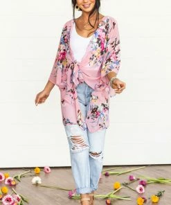 Umgee Tops Dusty Blush Floral Print Chiffon Woven Kimono