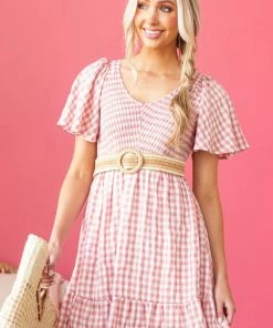 Jodifl Dusty Rose Gingham Smocked Woven Short Dress Dresses