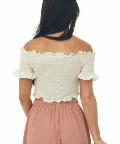 She + Sky Tops Ecru Off The Shoulder Smocked Crop Top With Ruffle Details