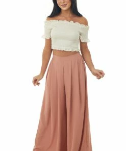 She + Sky Tops Ecru Off The Shoulder Smocked Crop Top With Ruffle Details