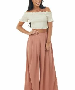 She + Sky Tops Ecru Off The Shoulder Smocked Crop Top With Ruffle Details