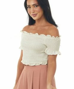 She + Sky Tops Ecru Off The Shoulder Smocked Crop Top With Ruffle Details