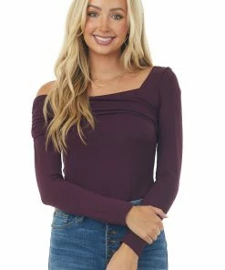 143 Story Eggplant Off Shoulder Overlay Detail Bodysuit Tops