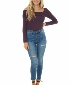 143 Story Eggplant Off Shoulder Overlay Detail Bodysuit Tops