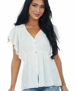 Doe & Rae Eggshell Button Up Ruffle Sleeve Blouse Tops