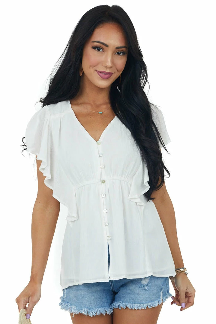 Doe & Rae Eggshell Button Up Ruffle Sleeve Blouse Tops 3 Doe & Rae Eggshell Button Up Ruffle Sleeve Blouse Tops