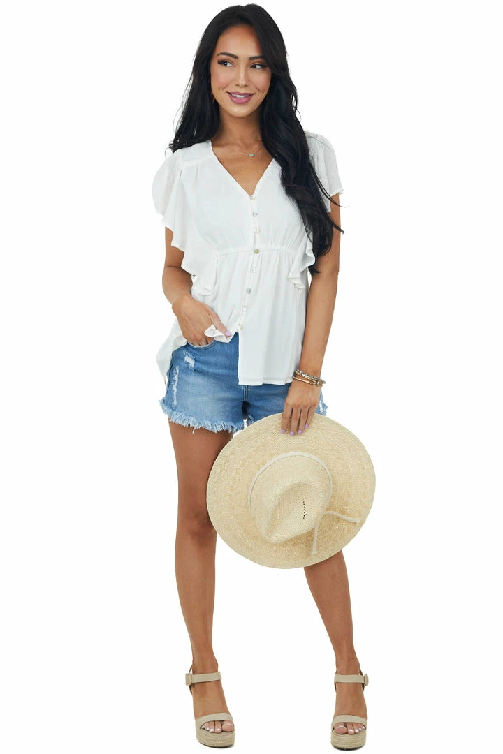 Doe & Rae Eggshell Button Up Ruffle Sleeve Blouse Tops 5 Doe & Rae Eggshell Button Up Ruffle Sleeve Blouse Tops